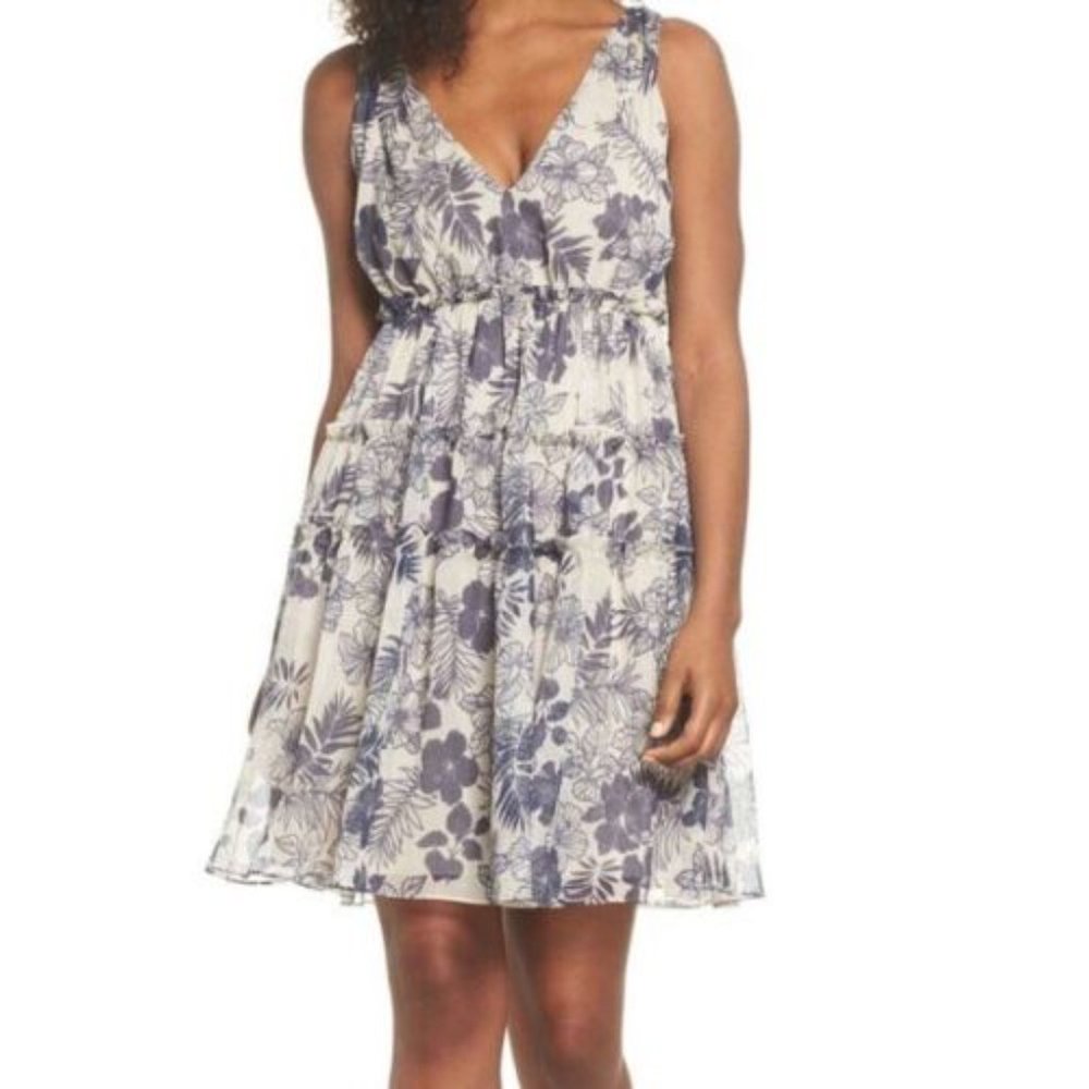 Lenon Summer Dress Medium Beige Floral V-Neck Tiered Tie Back - Size S
